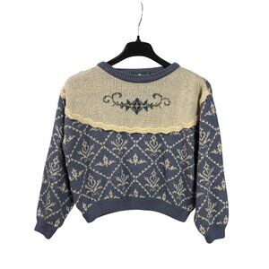 Vintage 80s Cabin Creek Blue Cream Sweater M Nordic Geometric Pattern Floral